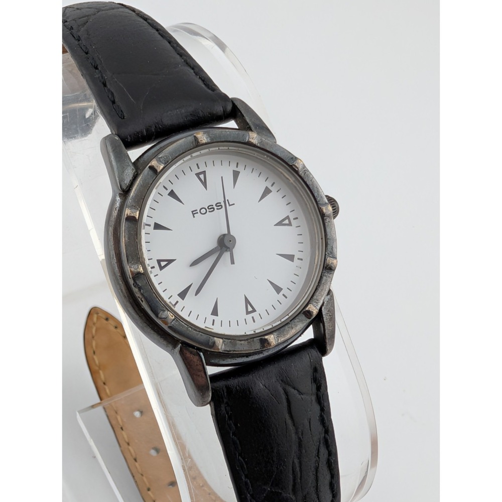 Fossil Watch Women 25mm Case White Dial Black Leather Band SW-A New Battery‎